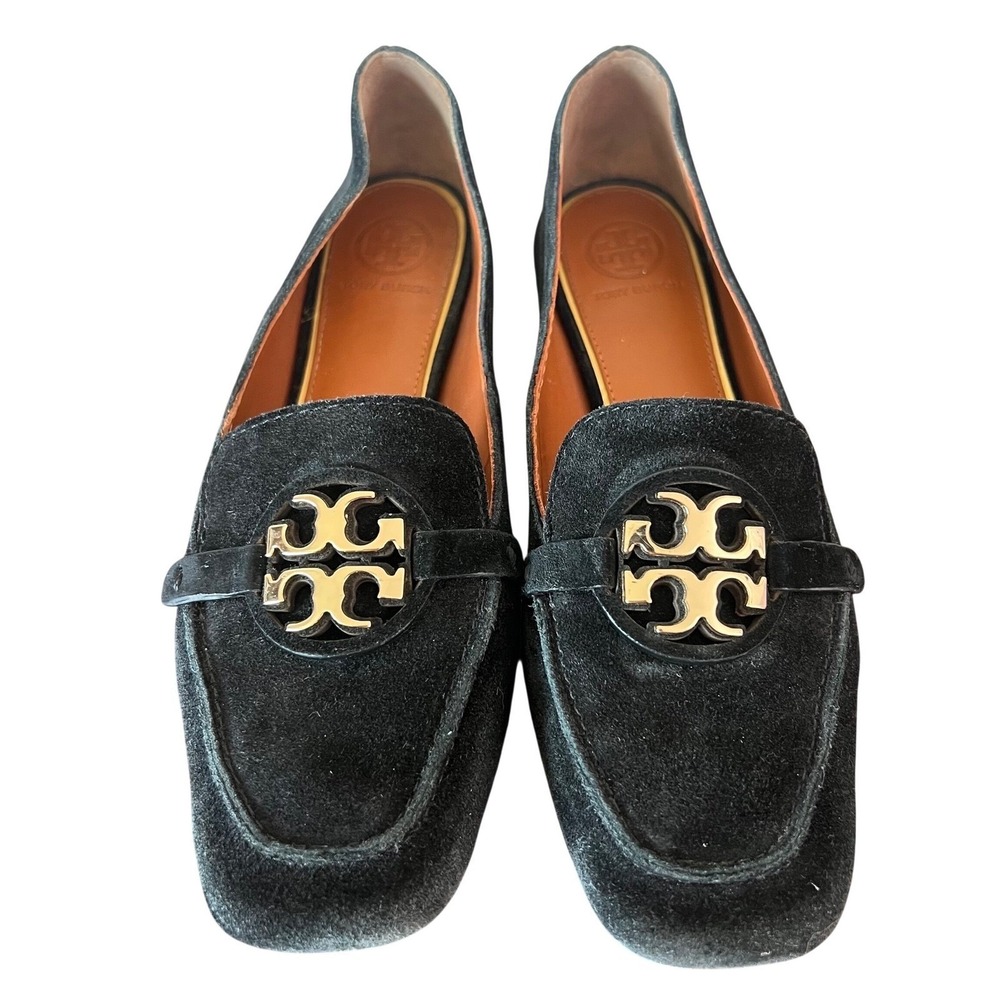 Tory Burch Eleanor Black Suede Square Toe Loafers Gold Logo Size 6M